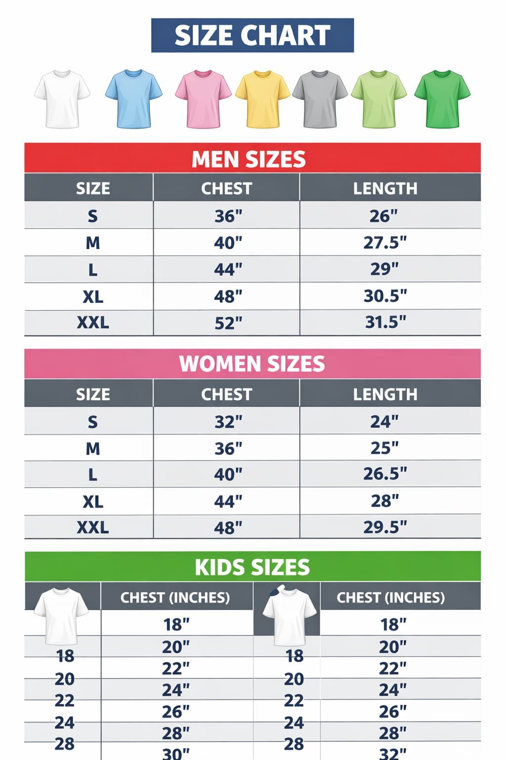Size chart for t-shirt Trendys Zone